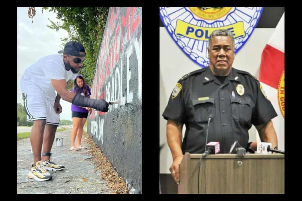Terrell Bradly (left) and Gainesville Police Chief Lonnie Scott