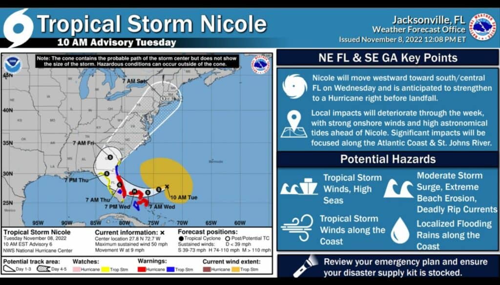 Tropical Storm Nicole advisory 11-8-22 at 10 am