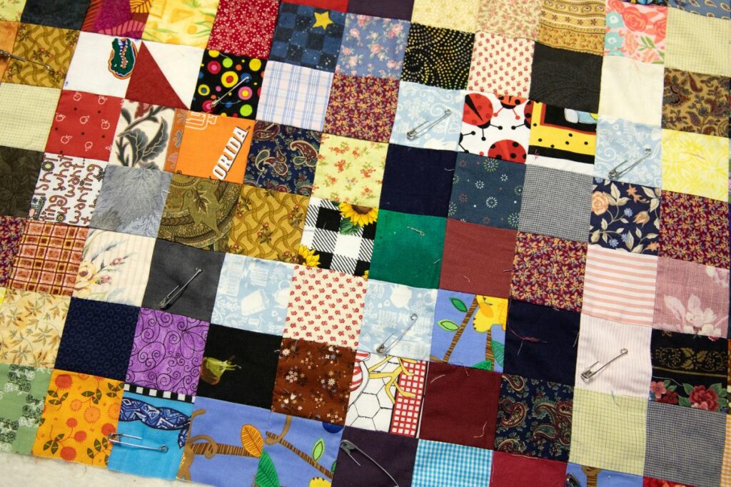 A close-up of one of the blankets before its three layers are quilted together.