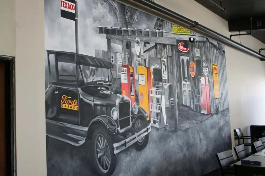 A mural at the newly-opened Ford's Garage restaurant.