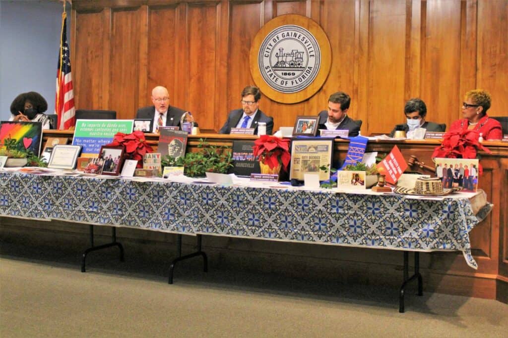 Gainesville City Commission at Thursday's farewell meeting for Lauren Poe, Adrian Hayes-Santos and David Arreola.