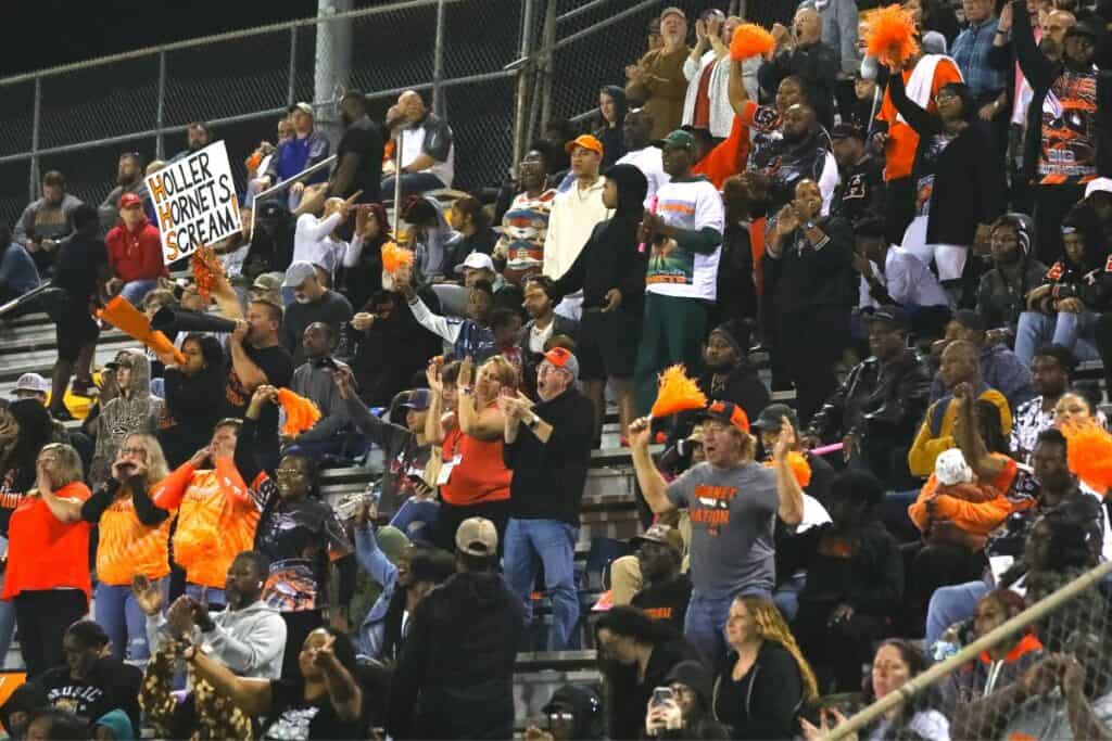 Hawthorne fans cheer on the Hornets to their first football state championship on Saturday in a 13-2 win over Northview.