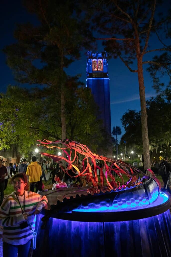 The Holiday Gator will remain on display beside the University Auditorium through Dec. 17.