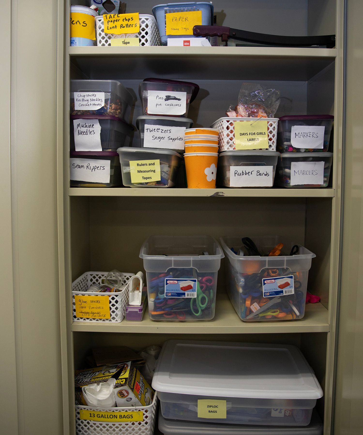 Tools volunteers use to assemble quilts and create Days for Girls kits at the Wesley United Methodist Church sewing center in Gainesville.