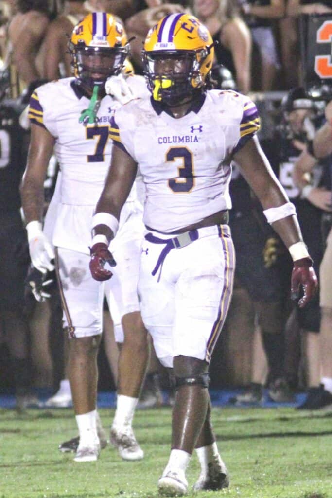 Columbia defensive back Amare Farrell (7) and linebacker Tyrell Peterson (3)