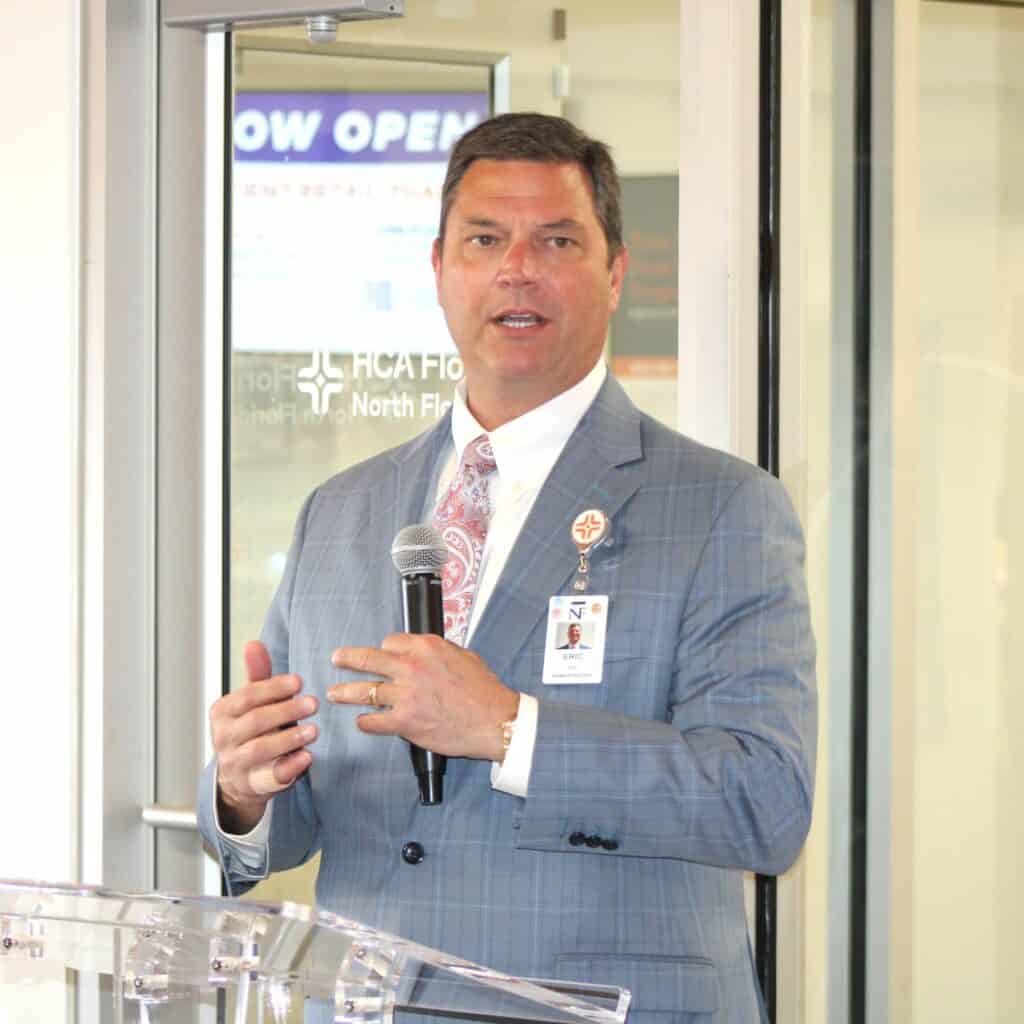 HCA Florida North Florida Hospital CEO Eric Lawson delivers remarks at the grand opening of the hospital's new pharmacy on Wednesday.