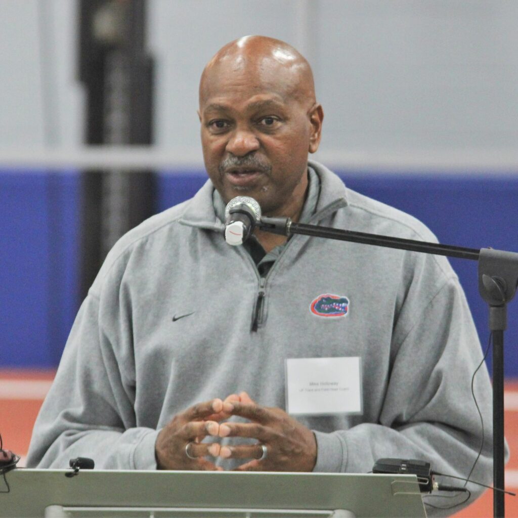 Mike Holloway, UF Track and Field head coach, speaks at the track dedication ceremony.