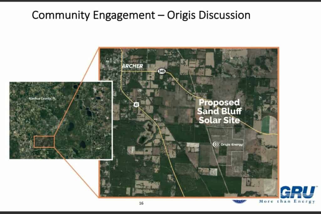 A slide from Thursday's presentation showing the proposed location of the Sand Bluffs Solar Site.