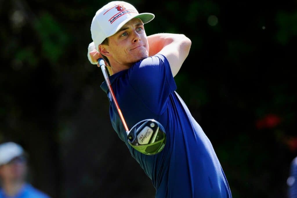 Blayne Barber tees off for Auburn during the 2012 NCAA Mens Golf Championships first round at The Riviera Country Club in Los Angeles.
