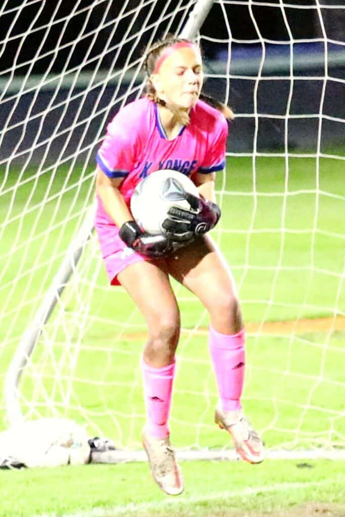 PK Yonge goalkeeper Norah Pancoast with a first half free kick save against Keystone Height on Thursday.