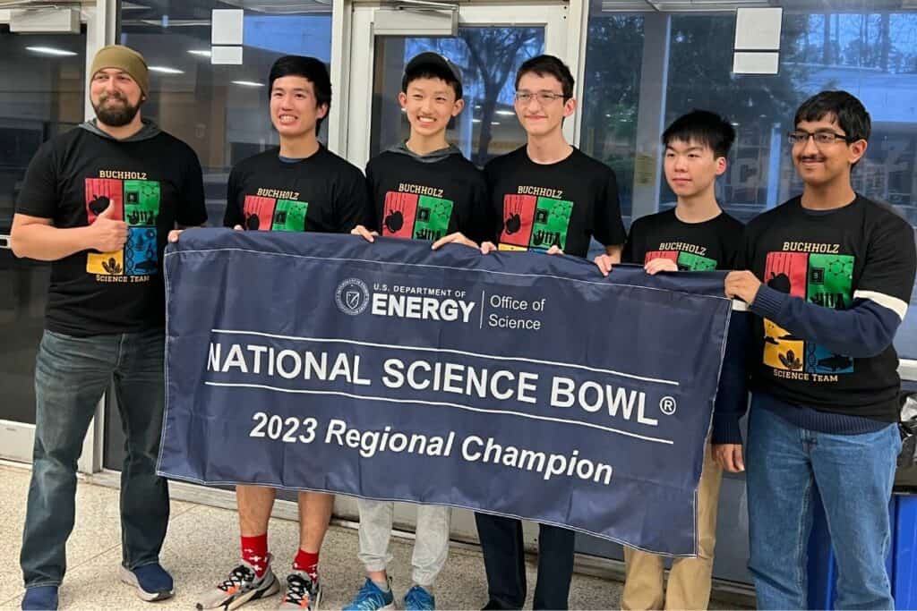 The Buchholz High School science team made up of Andrey Nikitin, Nicholas Dang, Ahan Mishra, Emmanuel Zheng, and Michael Wei took first place in the North Central Florida Regional Science Bowl.