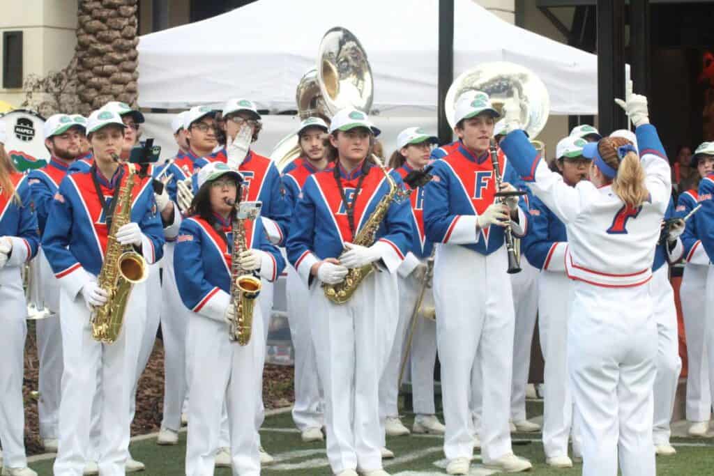 The UF Gator Marching Band at the Steve Spurrier Way road naming ceremony on Friday.