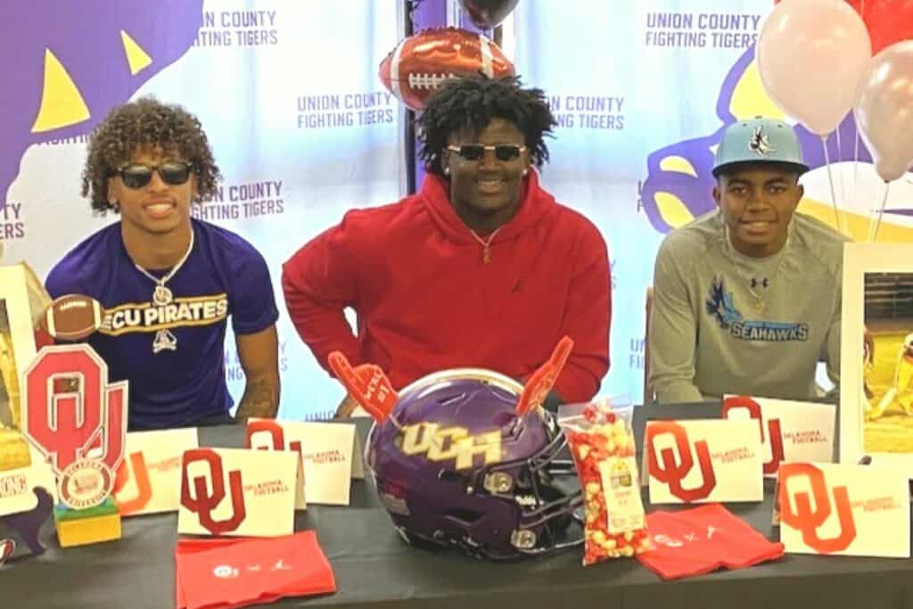 Union County (Lake Butler) college football signees include (from left) Daylyn Diston, Markus Strong and Auntrell Ross.