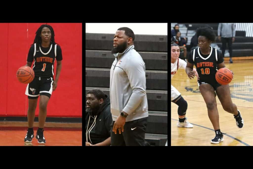 (From left) Hawthorne's De'Maya Adams, Cornelius Ingram and Jaz'lyn Jackson were recognized by the Florida Dairy Farmers as the top players and coach following the Hornets' Class 1A state championship season.