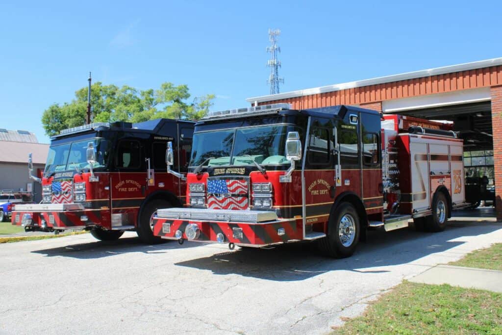 The two new High Springs Fire Department fire trucks displayed before Tuesday's push-in ceremony.
