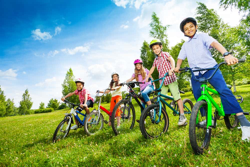 Kids on bicycles surrounded by trees