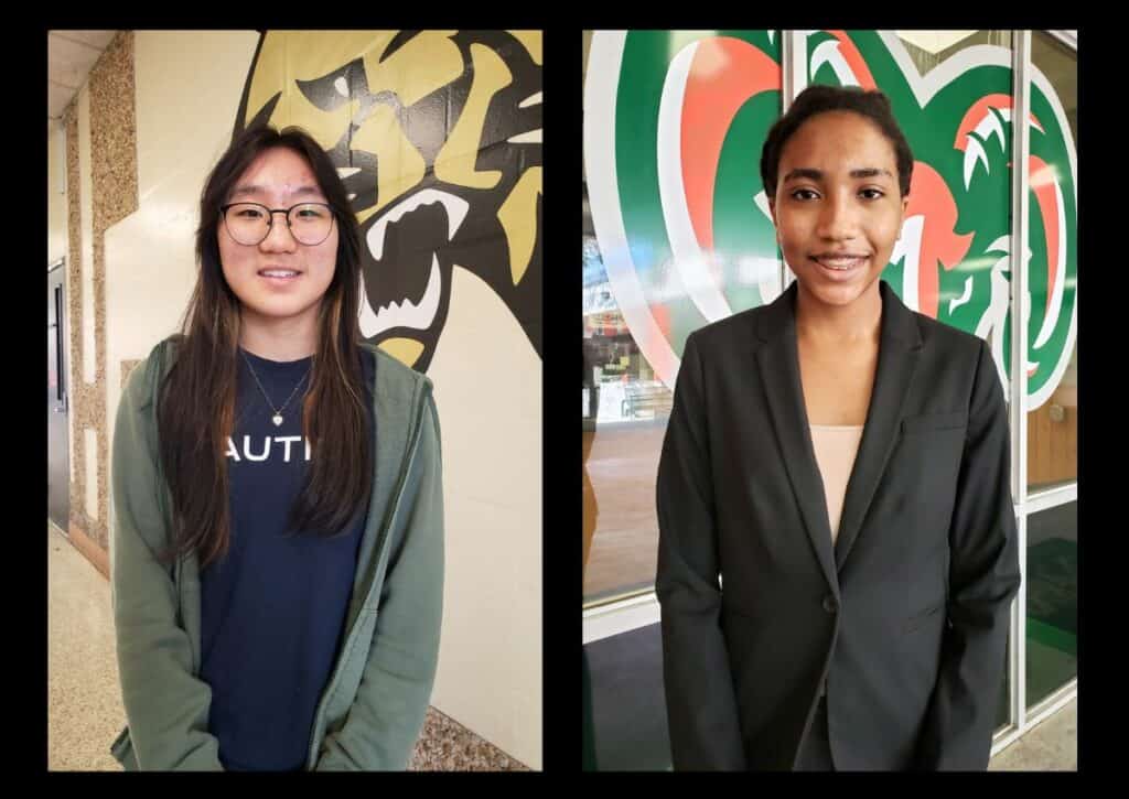 Melissa Li (left) of Buchholz High School and Abigail Dagins of Eastside High School will be recognized by the state for their achievements in the STEM program.