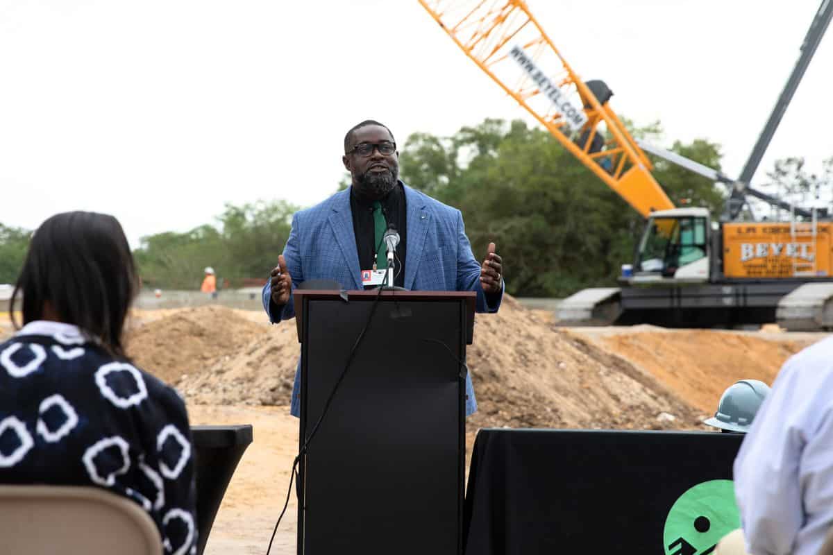 Westwood Middle School Principal Daniel Burney speaking at Monday's wall-raising event.