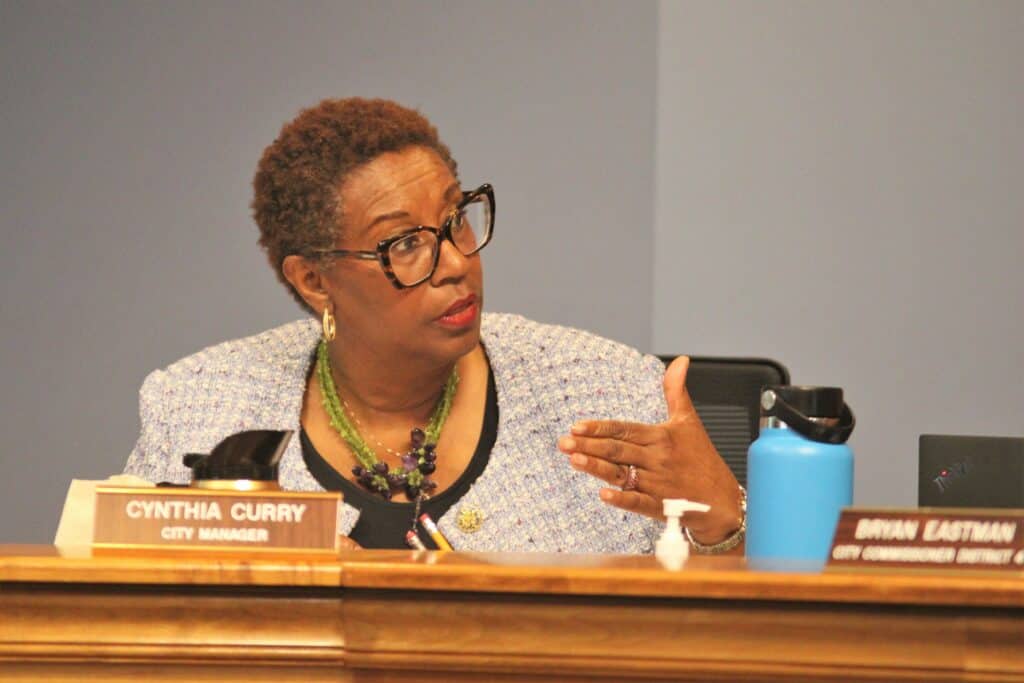 City Manager Cynthia Curry speaks to the commission at its March 23 policy meeting.