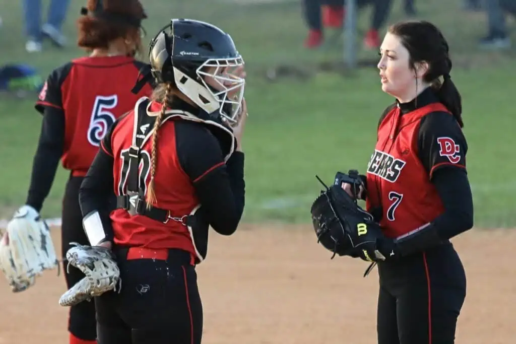 Senior catcher Peyton Hatcher (left) and senior pitcher Bria Hinkle are two big reasons why the Dixie County (Cross City) softball team is back in the Final Four. The Bears will play Liberty County at 1:30 p.m. in the Class 1A state semifinals in Clermont.