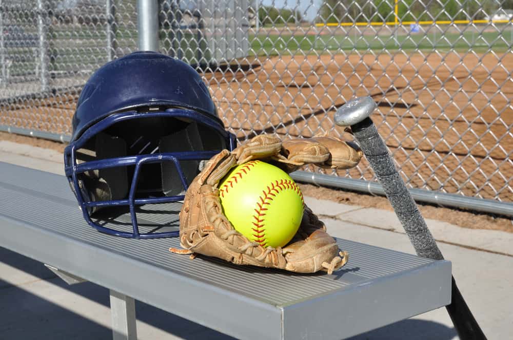 softball glove, ball, bat and helmet