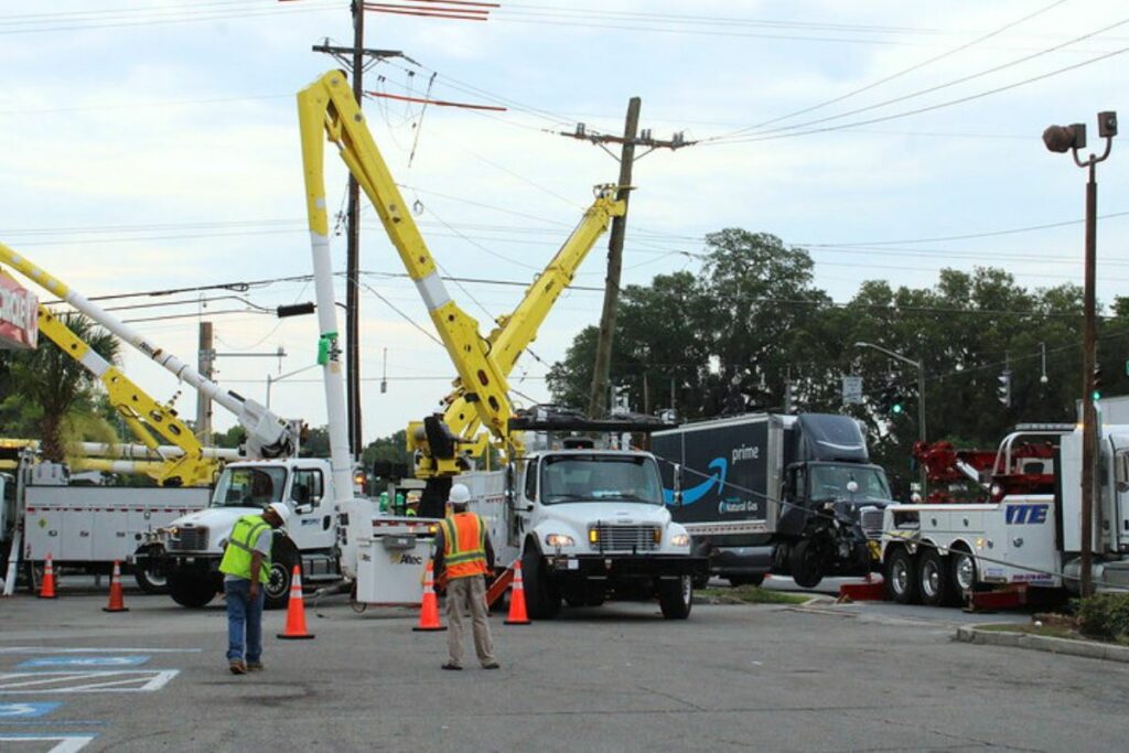 GRU crews replaced a utility pole Wednesday morning that was hit by an Amazon truck.