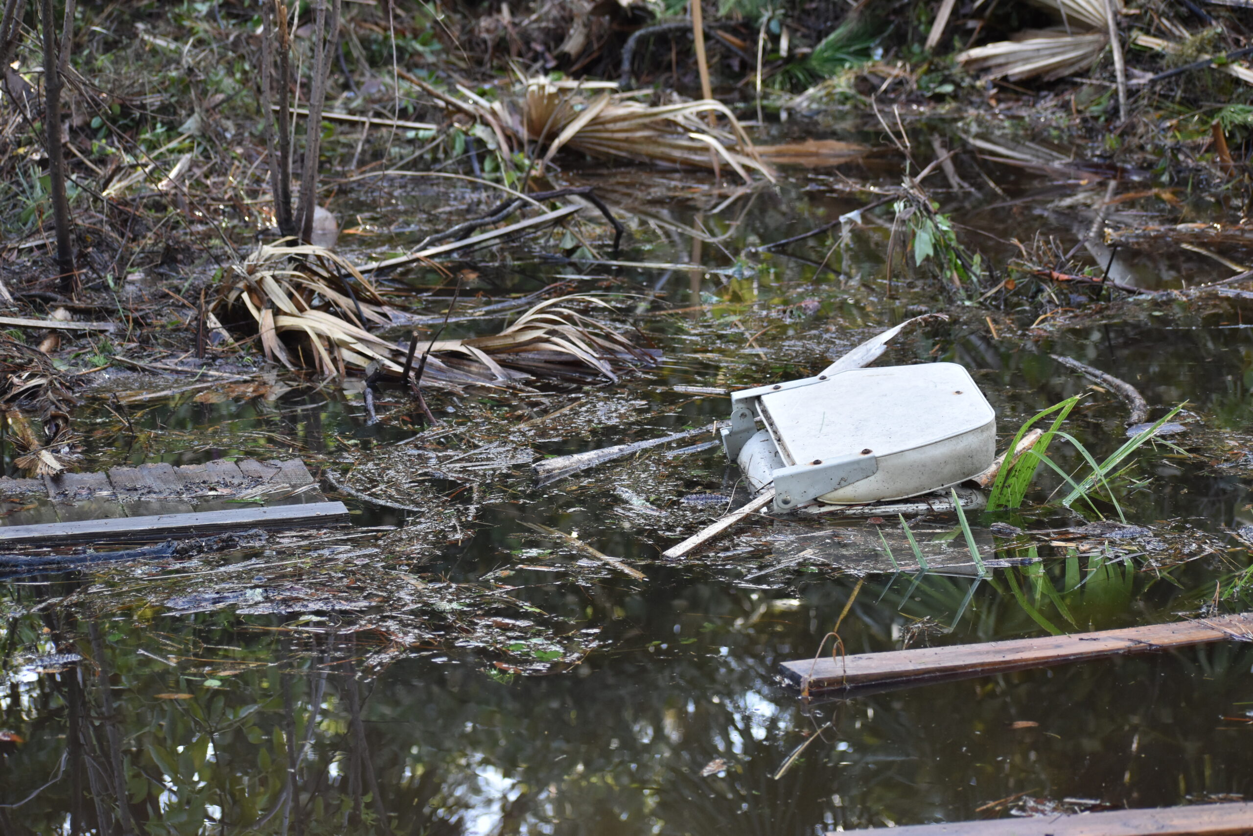 A displaced seat cushion in receding floodwaters in Steinhatchee on Wednesday_Cred Glory A displaced seat cushion in receding floodwaters in Steinhatchee on Wednesday.