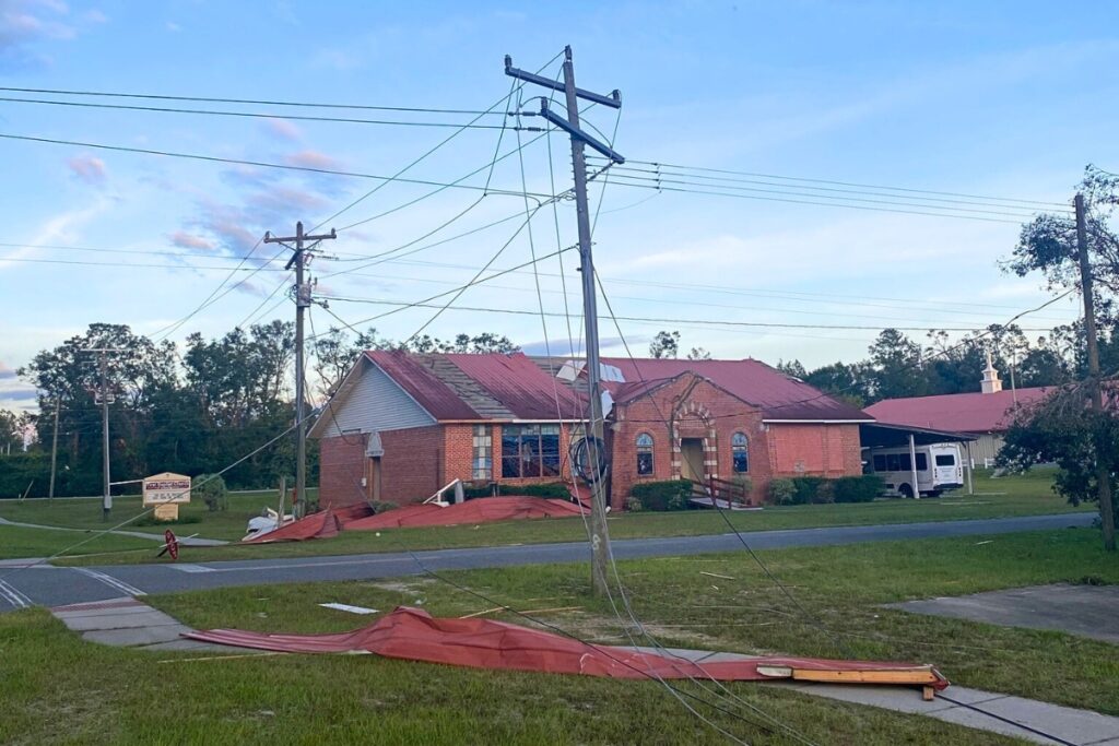 Downed power lines caused by Hurricane Idalia on Wednesday in Suwannee County at the First Baptist Church in Dowling Park.