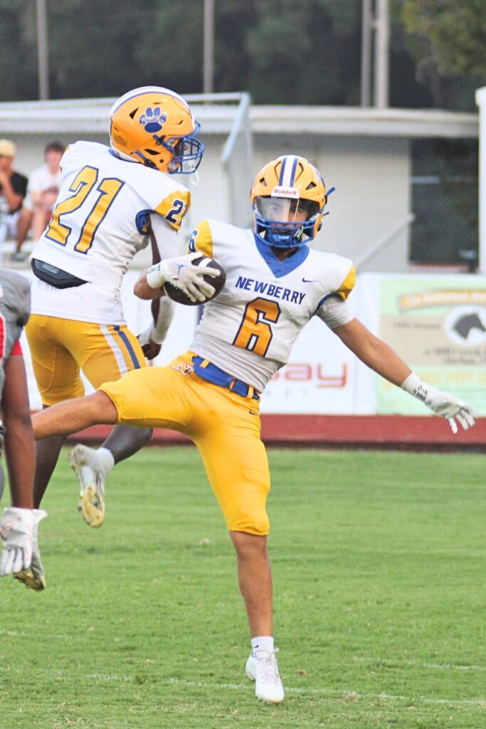 Newberry's David Schmidt celebrates a touchdown reception in the Panthers' 68-10 win over Santa Fe on Friday..