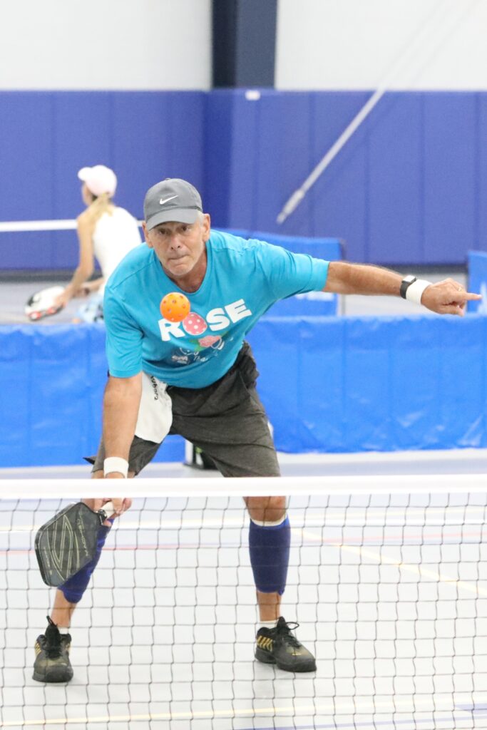 Seth Berl of Moultrie, Georgia, returns a hit Saturday at the sixth annual Gainesville Indoor Pickleball Showcase at the Alachua County Sports & Events Center at Celebration Pointe.