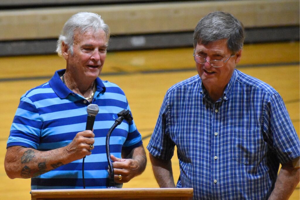 Butch Brannock (left) and Gunnar Paulson at the Buchholz weight room dedication.