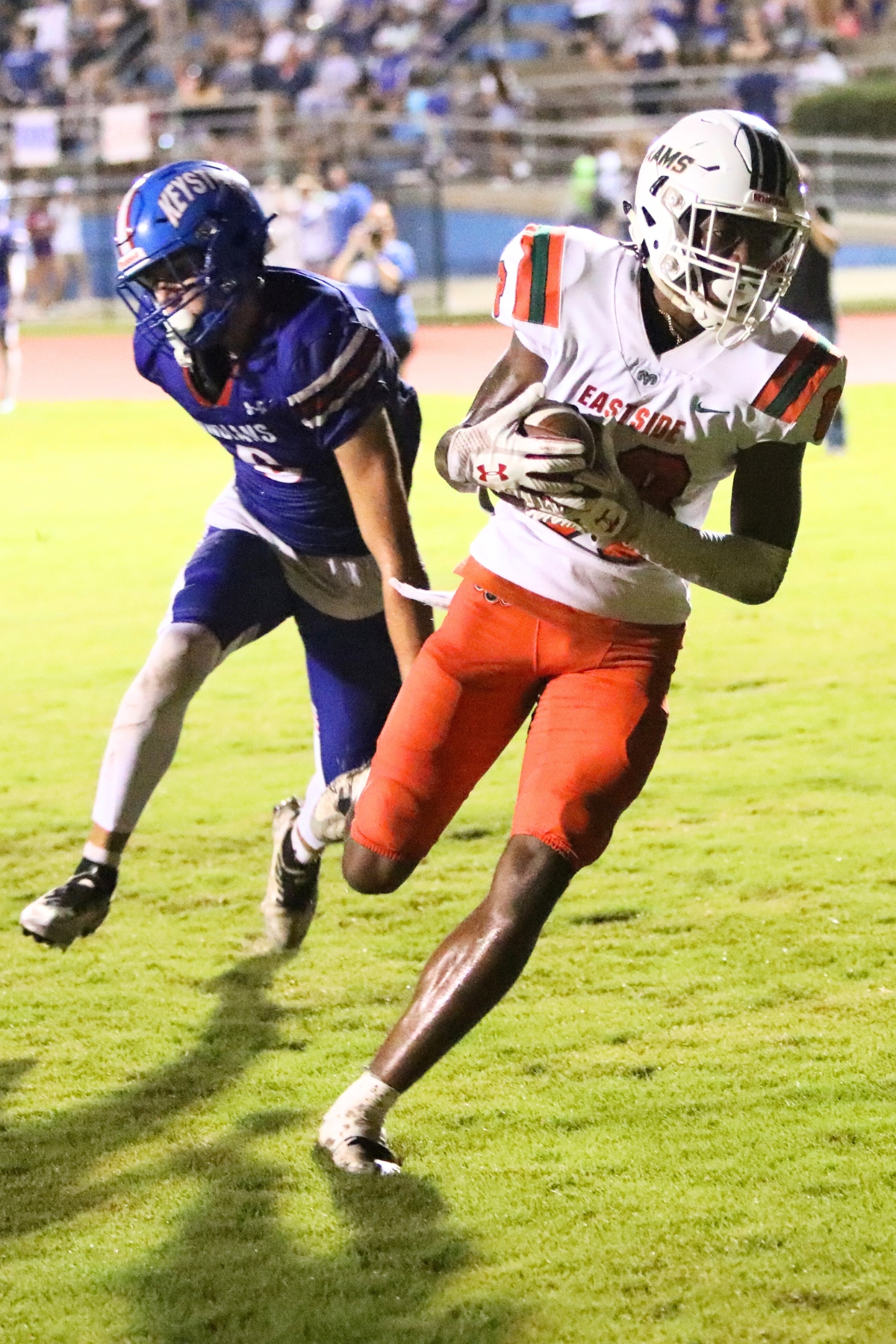 Eastside's Antoneo Wilson snags a touchdown as the first half expired to put the Rams ahead 21-0 over Keystone Heights on Friday. Eastside's Antoneo Wilson snags a touchdown as the first half expired to put the Rams ahead 21-0 over Keystone Heights on Friday.