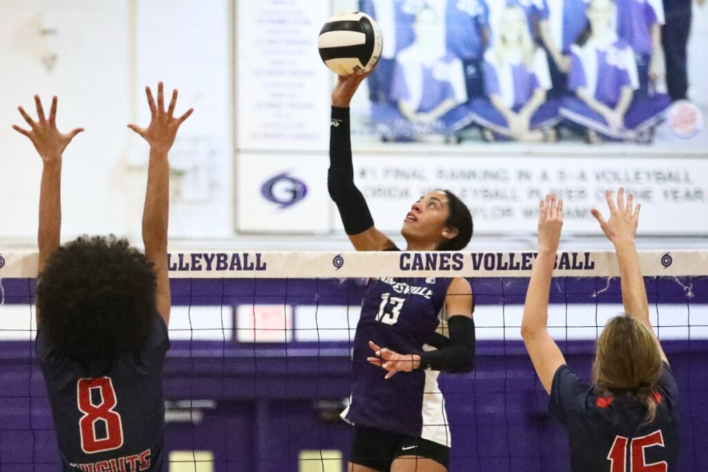 Gainesville's Brooklyn Tealer goes for one of her team-leading 16 kills against Vanguard on Tuesday.