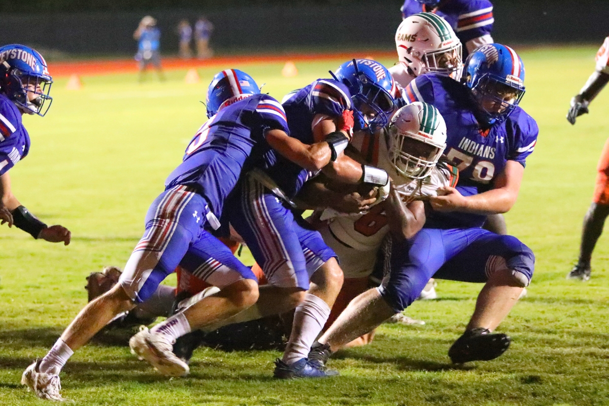 Keystone Heights defense stops Eastside's Joshua Benjamin at the goal line near the end of the second quarter on Friday. Keystone Heights defense stops Eastside's Joshua Benjamin at the goal line near the end of the second quarter on Friday.