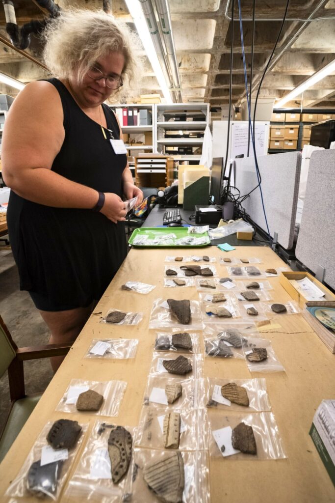 Archaeologist Ashley Rutkoski will systematically assess pottery sherds to make sure they have all been accurately identified and no funerary objects have been overlooked. Note: The material in this photo does not contain ancestral remains, sacred objects, funerary objects or objects of cultural patrimony.