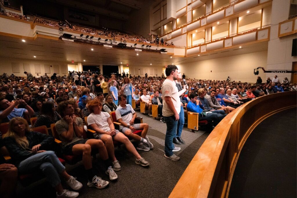 Audience members ask Ben Shapiro questions during a Q&A segment on Wednesday in the Curtis M. Phillips Center.