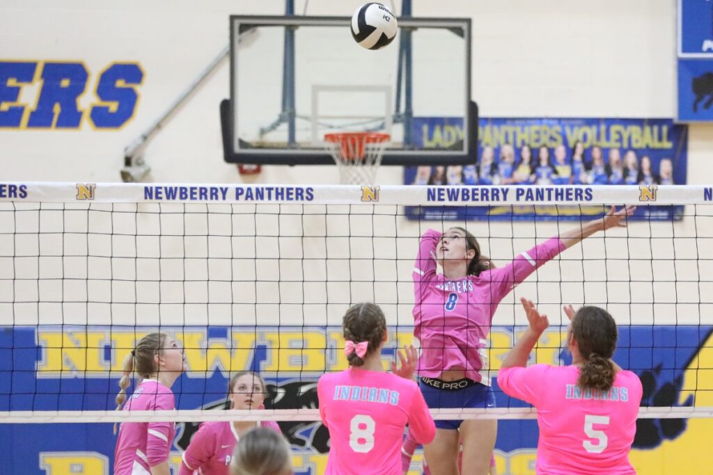 Newberry's Sarah Watson sets up for a kill against Chiefland on Monday.