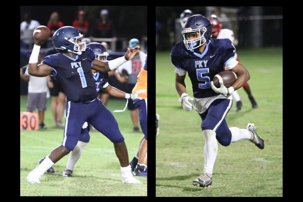P.K. Yonge's Lawrence Wright (left) connected with Devin Johnson for the Blue Wave's touchdown against Trinity Catholic on Thursday.
