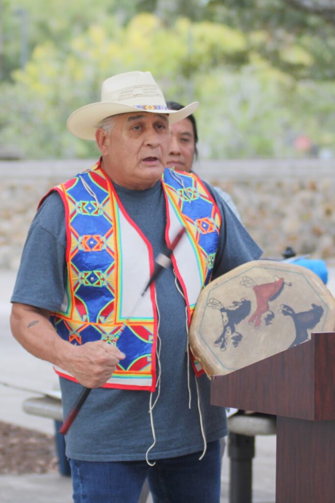 Terrell Anquoe sings a song created for his great-great-grandfather.