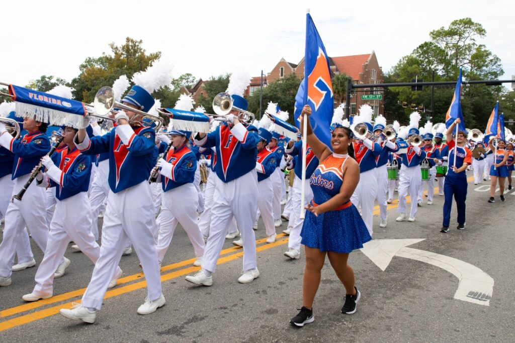 The Florida Gators marching band at the UF Homecoming Parade on Friday.