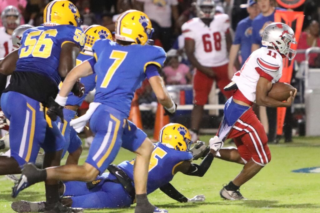 Williston's Ja'mez Jamison (11) escapes the grasp of Newberry's Jayden Holcombe on a first quarter run on Friday. (1)