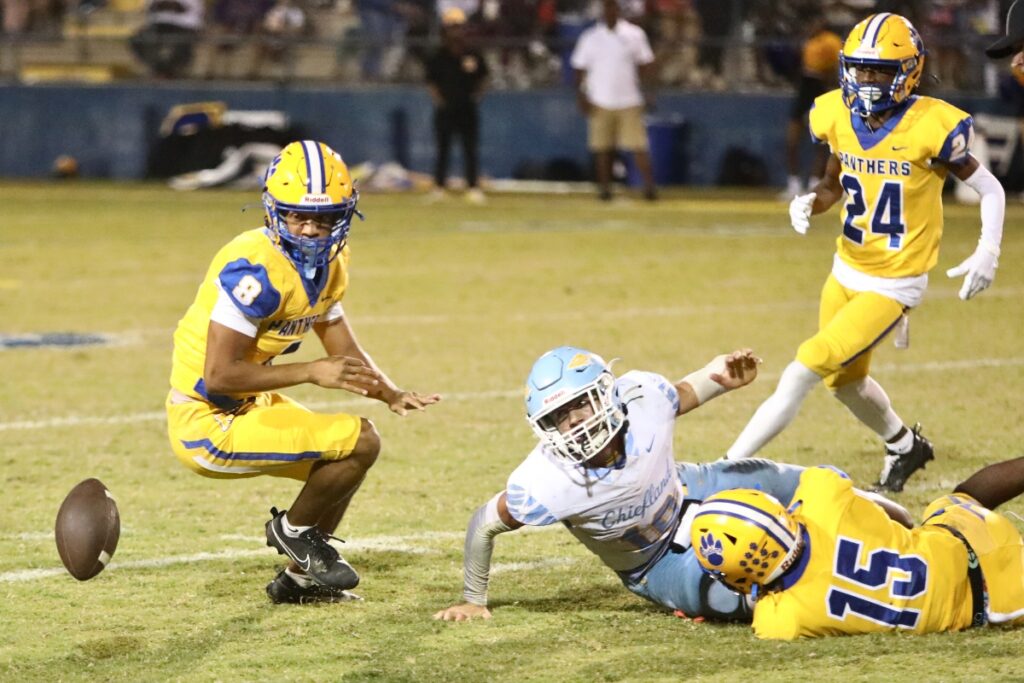 Chiefland's Osten Jones fumbles the ball away to Newberry in the second quarter on Friday.