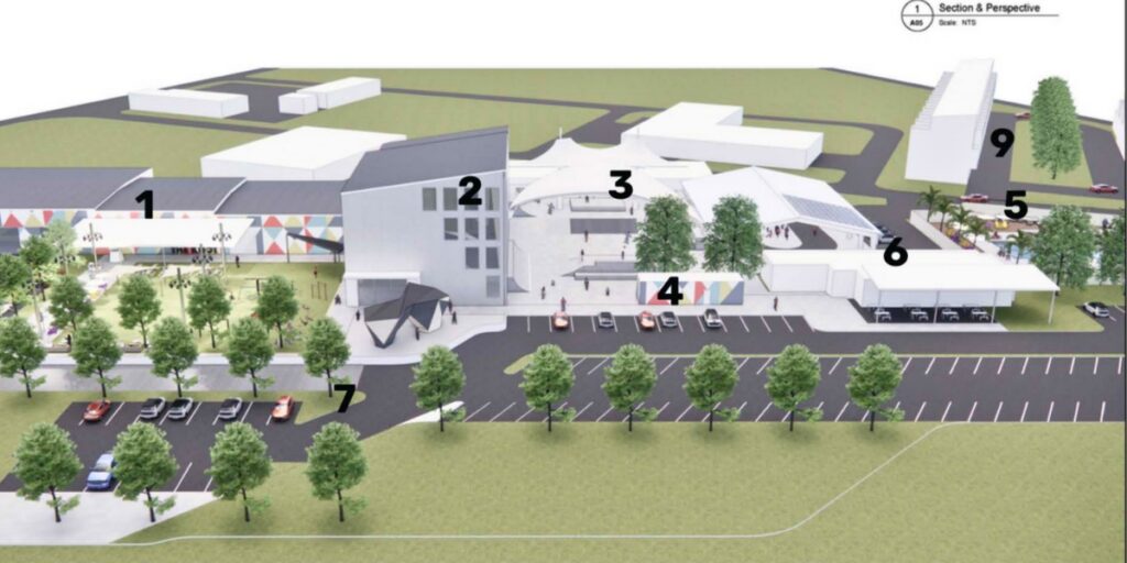 Conceptual rendering of the new Knot Climbing Gym and tenent businesses.