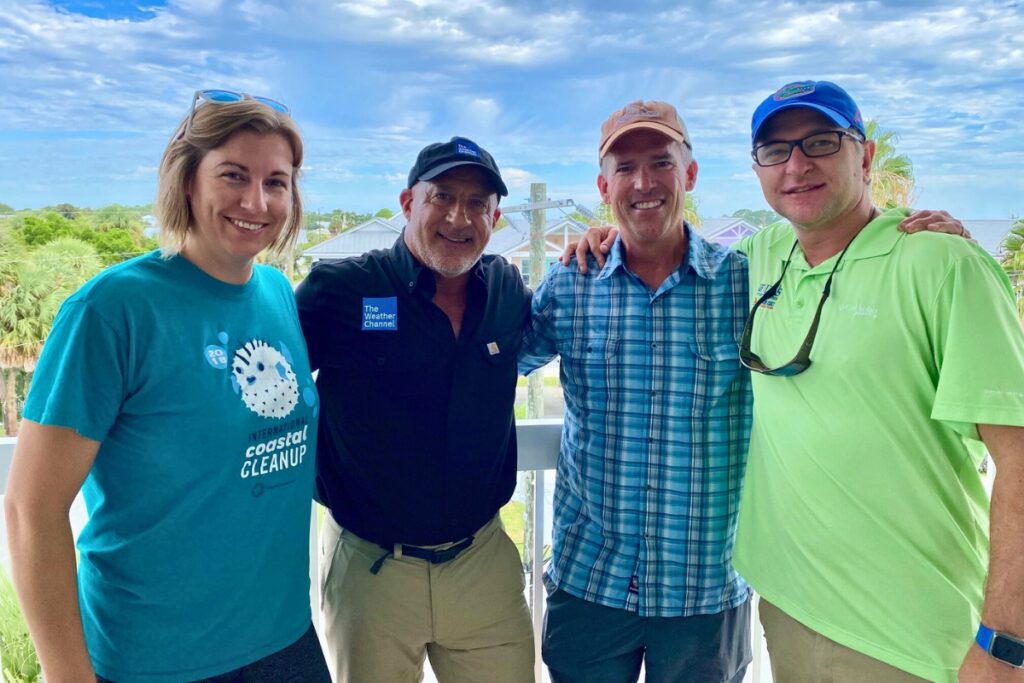 (From left) Savanna Barry of Florida Sea Grant, Weather Channel Meteorologist Jim Cantore, UFIFAS North Coast Biological Station Director Mike Allen and NCBS Biological Scientist Travis Thomas.