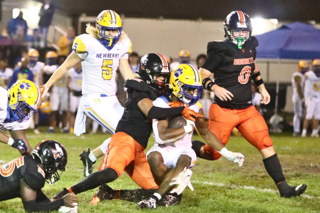 Hawthorne's Leland Johnson brings down Newberry's Kaleb Woods on Friday.