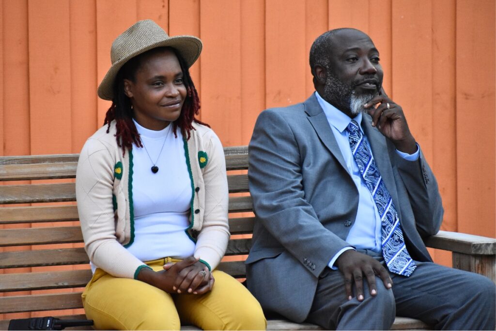 Micanopy Mayor Jiana Williams and Bishop Chris Stokes at the laptop giveaway Wednesday.