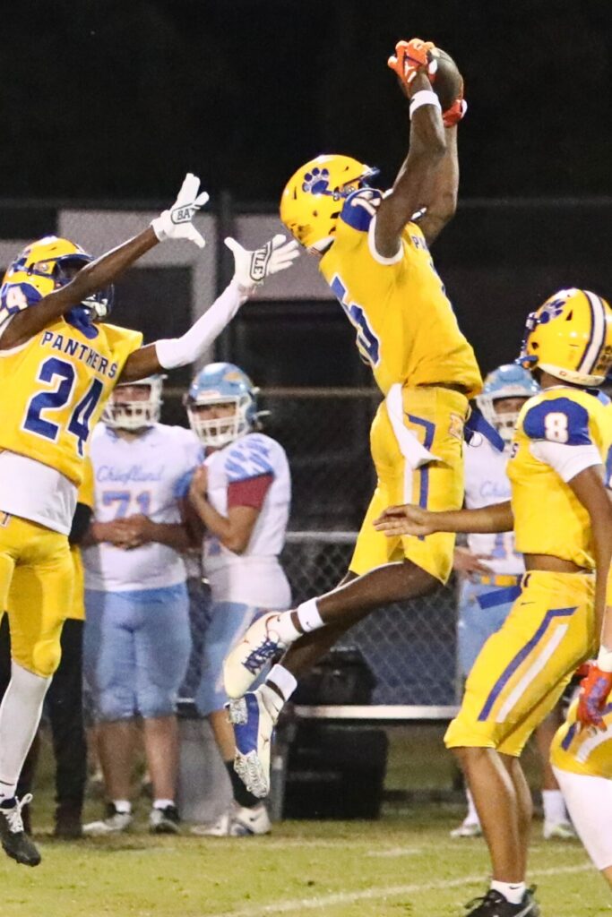 Newberry's Jayden Holcombe intercepted a fourth quarter Chiefland pass and returned it 33 yards for a touchdown on Friday.