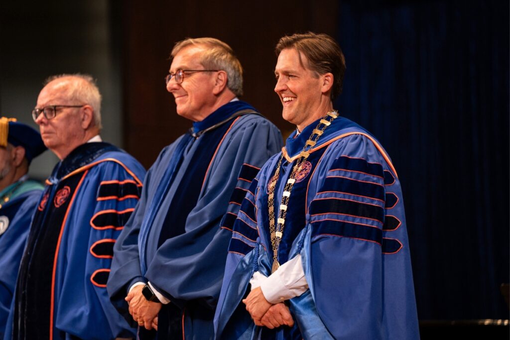 President Sasse next to President Emeritus Kent Fuchs (middle) and President Emeritus Bernie Machen (left).