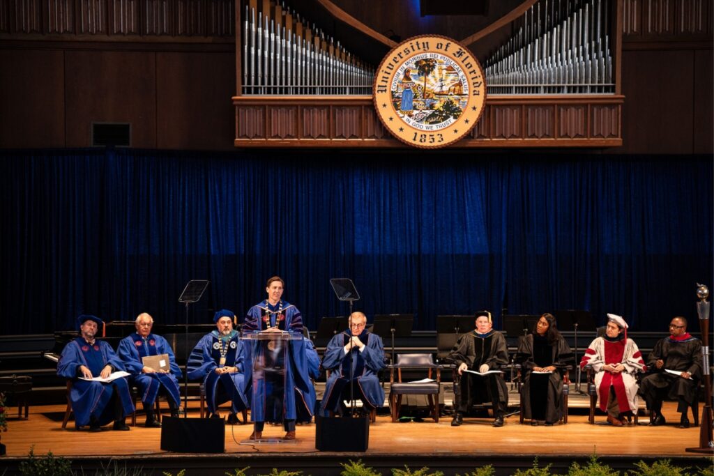 UF President Ben Sasse on stage during his inaugural address.