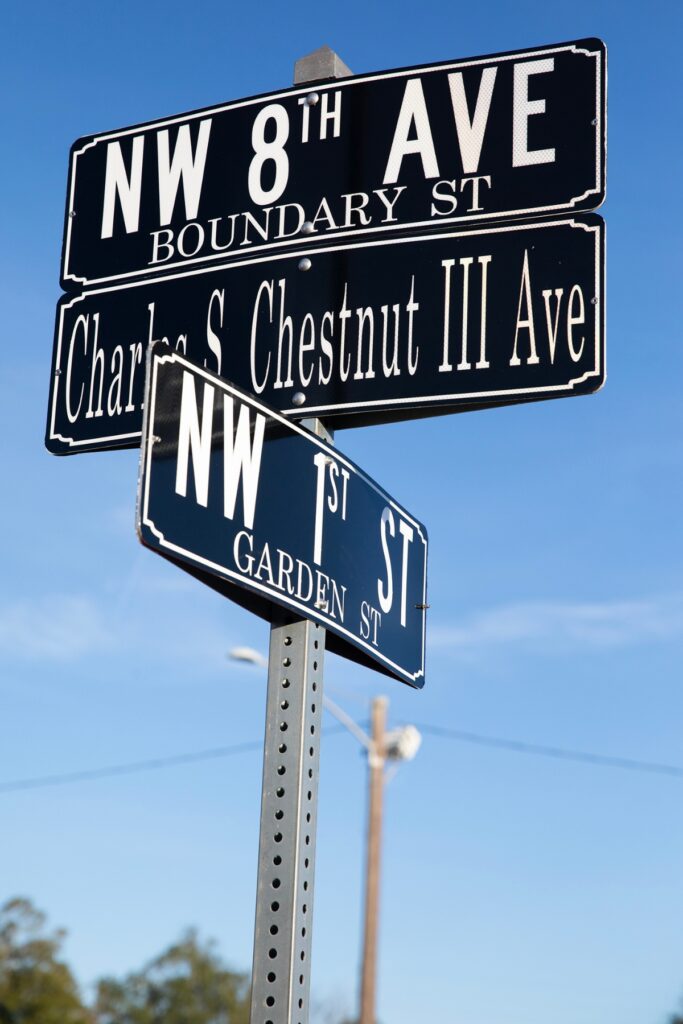A close-up view of the new Charles S. Chestnut III Avenue sign.